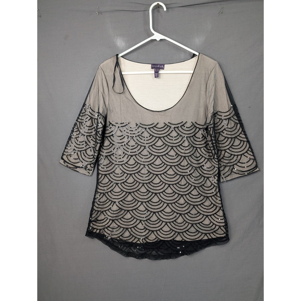 Long Tall Sally Black Sequin Mesh Overlay Scalloped Top Size 10